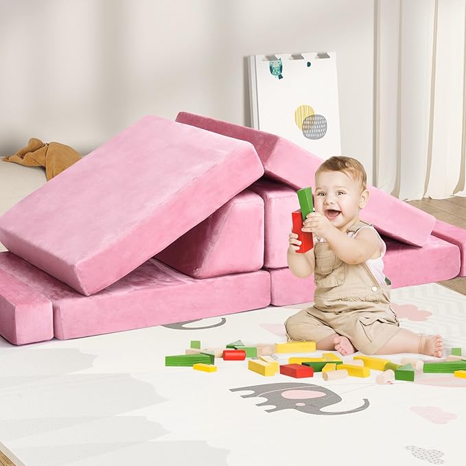 10Pcs Kids Play Couch,Toddler Sofa,Modular Kids Couch for Playing, Creativing, Sleeping (Pink)