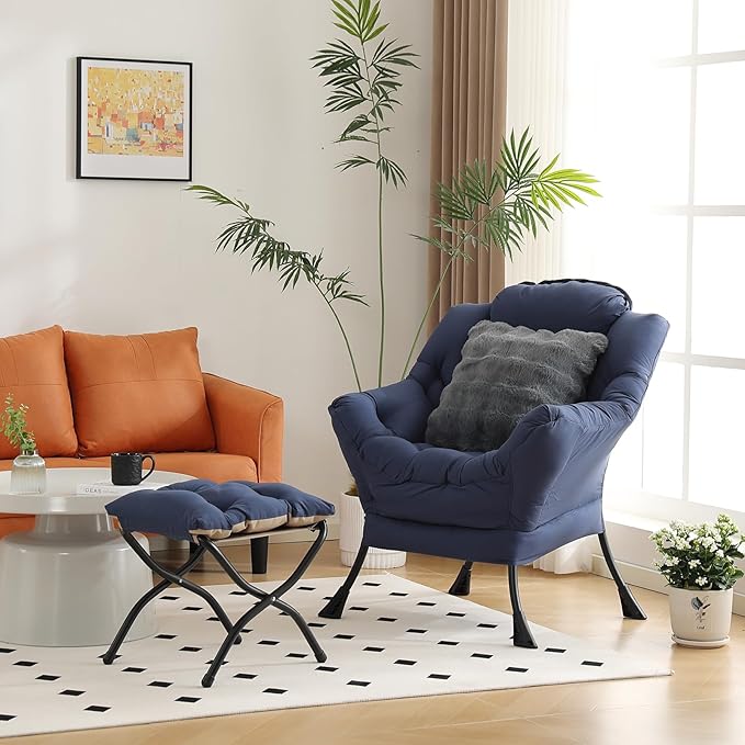 Large Lazy Chair with Ottoman, Accent Reading Chairs with a Throw Pillow, Cozy Lounge Chair with Armrest, Leisure Sofa Chairs for Living Room, Bedroom, Dorm, Navy Blue