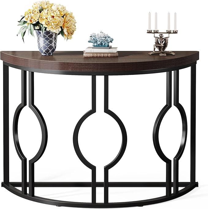 LITTLE TREE 43 Inch Half Moon Console Table for Entryway Industrial Semi Circle Sofa Table Wood Accent Table for Living Room, Hallway, Foyer, Entrance, Rustic Brown