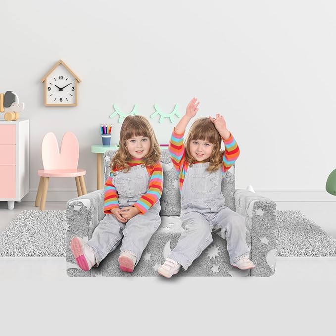 SLIGUY Kids Chair, Toddler Couch, Fold Out Sofa Chair, Toddlers Convertible Sofa to Lounger Pull Out Couch, Glow in The Dark Sofa Chair for Boys and Girls Large (Grey)