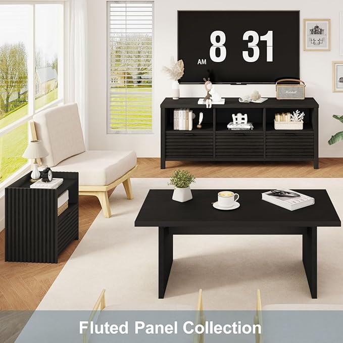 BON AUGURE Black TV Stand, Modern Entertainment Center with Storage Drawers for 65 55 50 in TVs, Wood Fluted Television Media Console Cabinet for Living Room, Bedroom (Black Oak)
