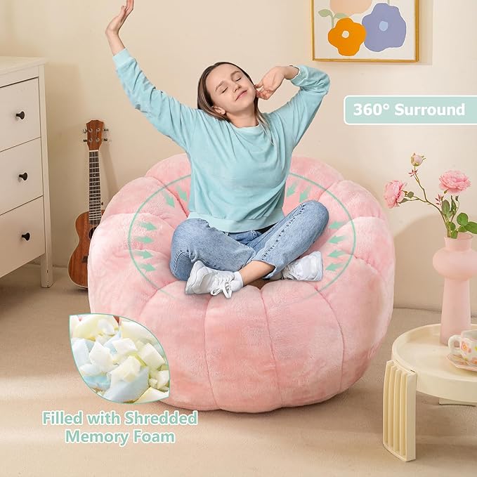 Pumpkin Bean Bag Sofa Chair, Bean Bag Chair with Filler for Teens, Kids, Toddler, Comfy and Lazy Sofa for Dorm, Apartment, Living Room and Bedroom, Pink