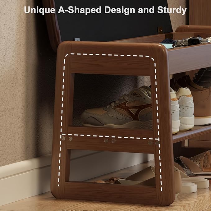 Shoe Rack Bench with Cushion, 2 Tiers Shoe Bench with Flip-Top Storage,Wood Shoe Rack for Entryway,Hallway（Walnut,31.5"）