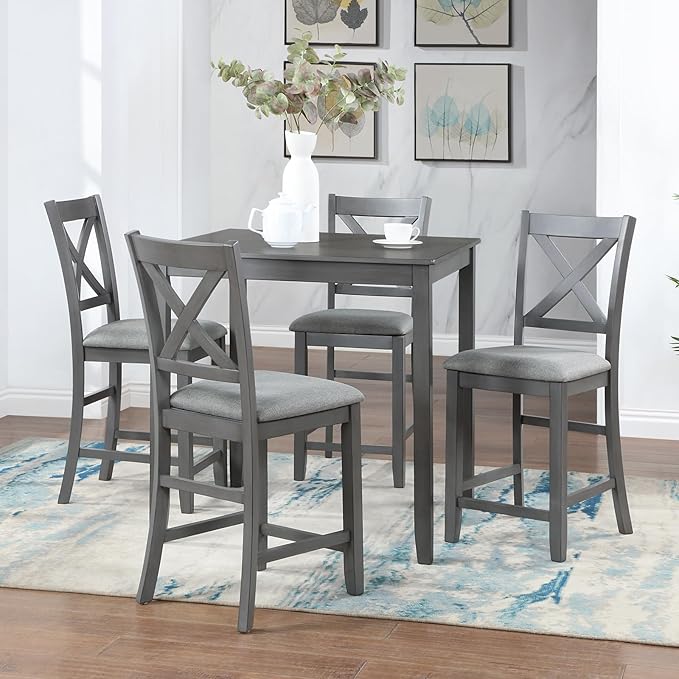 KEIKI 5-Piece Counter Height Dining Table Set with Square Table and 4 Upholstered X-Shaped Backrset Chair, for 4 Person, Modern Style Wooden Table Set, Easy Assembly, for Kitchen, Dining Room, Gray