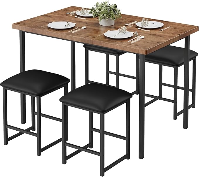 VECELO Kitchen Table and Chairs for 4, Dining Room Set with PU Chairs/Stools, Heavy-Duty Metal Frame, Wooden Tabletop, Space-Saving Design for Small Spaces, Easy Assembly, Rustic Brown
