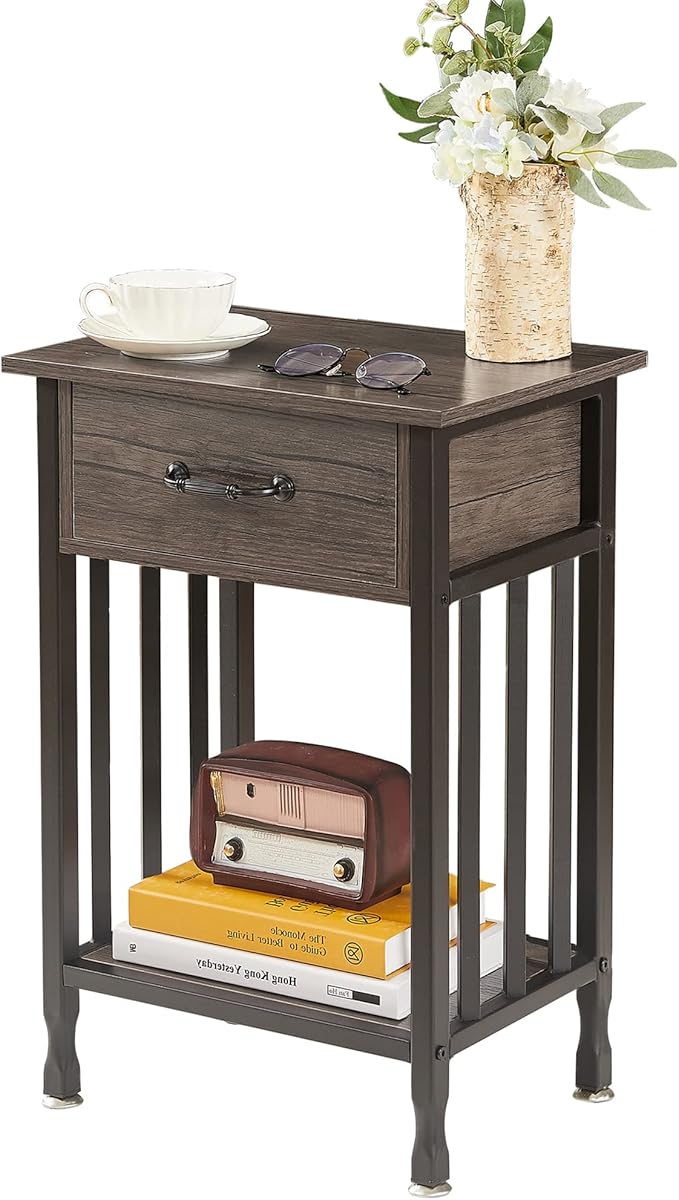 VECELO Nightstands, Industrial Side Table/End Tables with Drawer and Storage Shelf, Night Stands for Bedroom, Living Room, Wood Metal Furniture, Easy Assembly