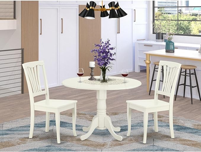 East West Furniture DLAV3-LWH-W 3 Piece Dining Table Set for Small Spaces Contains a Round Dining Room Table with Dropleaf and 2 Wood Seat Chairs, 42x42 Inch, Linen White