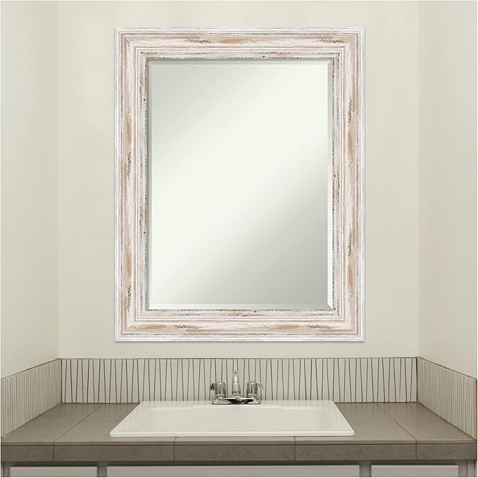 Amanti Art White Bathroom Mirror for Over Sink, 29x23 Alexandria White Wash Rectangle Vanity Mirror, Medium Coastal Wood Frame, Hangs Horizonally and Vertically, Bathroom Wall Decor, Beveled Edge