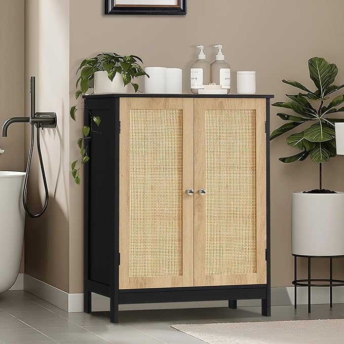 Iwell Storage Cabinet with Rattan Doors, Bathroom Storage Cabinet with Adjustable Shelf, Floor Cabinet for Living Room, Entryway, Kitchen, Home Office, Black