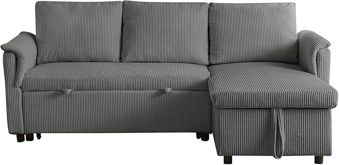 Ball & Cast Reversible Sectional Sofa Couch,L-Shape Sleeper Sofa Bed with Storage Chaise Pull Out Couch for Living Room | Hidden Storage | Pull Out Bed | Removable Backrest | Corduroy Fabric,Gray