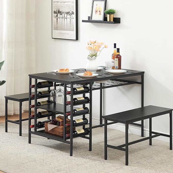 IDEALHOUSE Dining Table Set for 4, Kitchen Table Set for 4 with 2 Benches, Rectangular Dining Room Table Set with Wine Rack, 3 Piece Dining Table Set for Small Space Apartment, Black