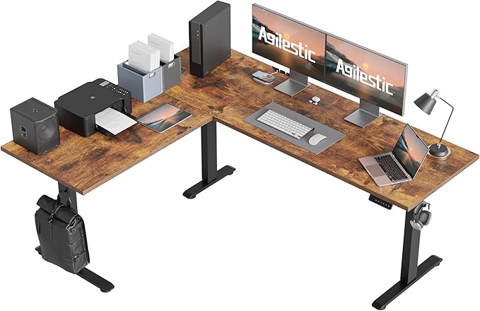 Agilestic Triple Motors 73" x 60" L Shaped Standing Desk, Electric Standing Desk Adjustable Height, Extra Large Desktop Corner Table for Home Office, Gaming Workstation, Splice Board, Rustic Brown