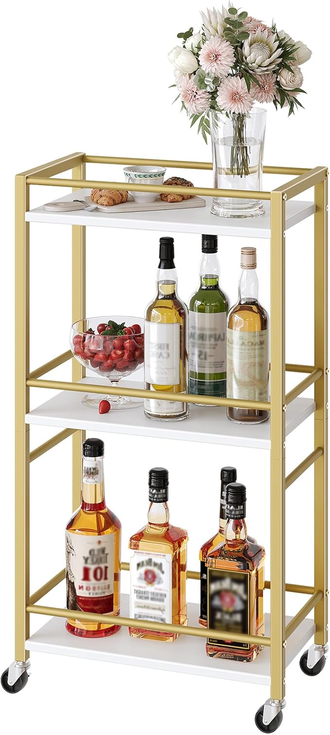Bar Cart for The Home, 3-Tier Drink Cart on Wheels, Home Bar Serving Cart, Mini Bar Cart for Small Space, Rolling Kichen Carts for Bar, Kitchen, Dining Room, Gold RCJW4001