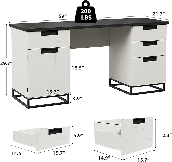 Garvee 59" Farmhouse Executive Desk, Home Office Desk with File Drawer and Storage Cabinet, Wooden Computer Table with 3 Drawers for Work and Study (Black)