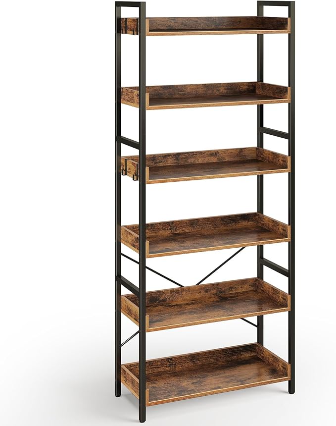Rolanstar Bookshelf 6 Tier with 4 Hooks, Industrial Bookcase, Vintage Storage Rack with Open Shelves, Rustic Standing Bookshelves Metal Frame Display Rack for Living Room, Bedroom, Rustic Brown