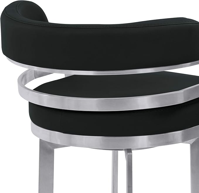 Armen Living Prinz 26" Counter Height Swivel Barstool in Black Faux Leather and Brushed Stainless Steel Finish