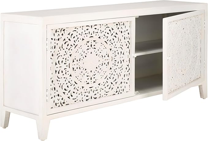 SAFAVIEH Raura TV Stand for up to 60" Flatscreen – White Washed, 2 Doors with Interior Storage, Entertainment Media Console Cabinet (MED5300A)