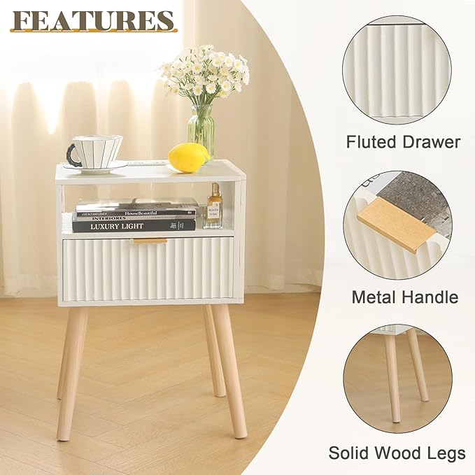 White Nightstand with Charging Station, Modern Bedside Table with Drawer and Solid Wood Legs, Fluted End Side Table for Bedroom, Dorm and Small Space (White)