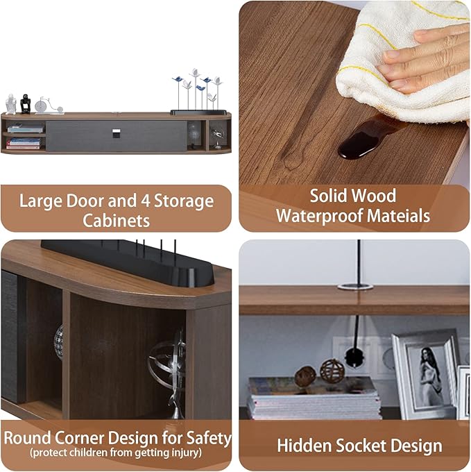 Pmnianhua Modern TV Console, 47'' Wall Mounted Under TV Shelf with Storage Shelves for Bedroom Living Room (Walnut)