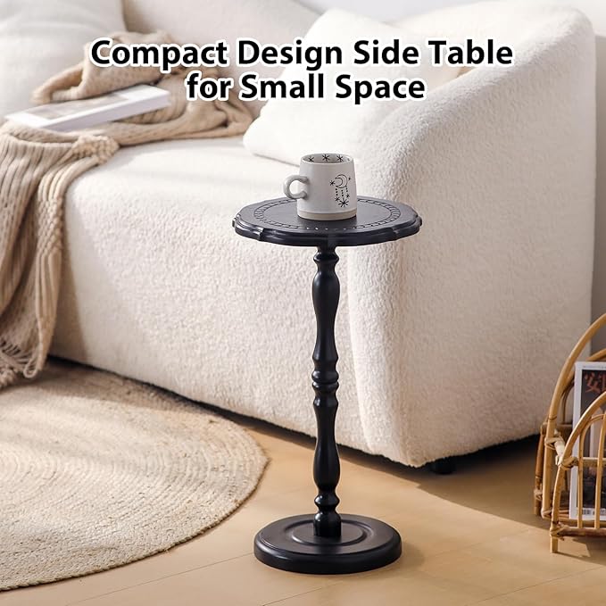 Drink Table, Small Side Table for Small Spaces, Round Solid Wood Modern Accent Nightstand for Living Room, Bedroom, Corners and Office, Black