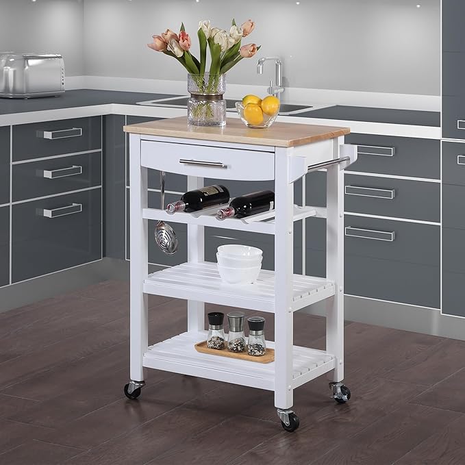 Convenience Concepts Ellaine 4 Tier Kitchen Cart with Drawer and Wine Rack, 24.75", White/Butcher Block