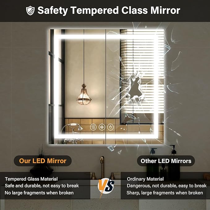 40"x 40" LED Bathroom Mirror, Backlit + Front Lit, LED Bathroom Mirror with Lights for Wall, 3 Colors, Anti-Fog, Dimmable Brightness, Memory Function, Tempered Glass