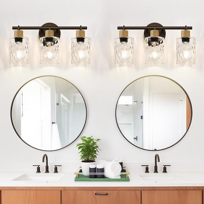 2025 Upgrade Bathroom Light Fixtures, 3-Light Coastal Vanity Lights with Crystal Glass Shade, Oil-Rubbed Bronze Bathroom Wall Lamp for Mirror Kitchen Hallway Cabinet