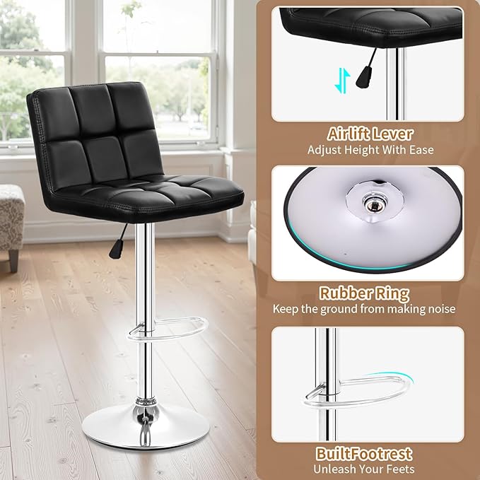 BestOffice Bar Stools Set of 2, Adjustable PU Leather Swivel Barstools, Modern Counter Stools with Back and Footrest, Counter Height Barstools for Bar, Kitchen and Dining Room