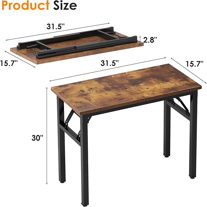 SDHYL 31.5 inches Foldable Computer Desk for Home Office Workstation, Small Portable Collapsible Study and Writing Table with Metal Frame, Rustic Brown