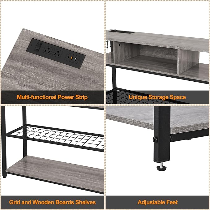 Narrow Entryway Console Table with Storage, Drawer and Charging Station - Behind Couch Table with Outlet and USB Ports for Living Room Foyer, Grey