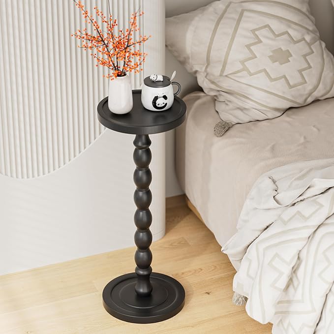 Rubber Wood‌ Small Side Table, Solid Wood‌ Round End Tables for Small Spaces, Martini Tables, Pedestal Drink Table for Living Room, Bedroom, Corners, and Office (Black, 9.4inch)