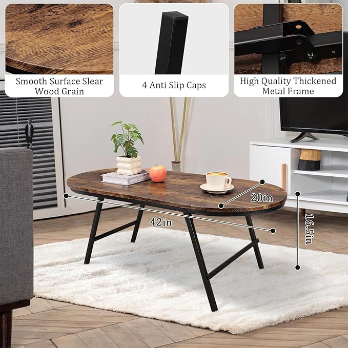Folding Coffee Table for Living Room Industrial Brown Small Low Table Wooden Foldable Coffee Tables Oval Floor Desk Table for Small Spaces Home Office
