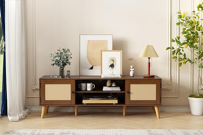 TV Stand for TVs up to 65 inches, Rattan Grain Finish Panel with 2 Storage cabinets, Modern Minimalist Style, Living Room, Audio-Visual Room for Multiple Rooms,3 Colors Available (Walnut)