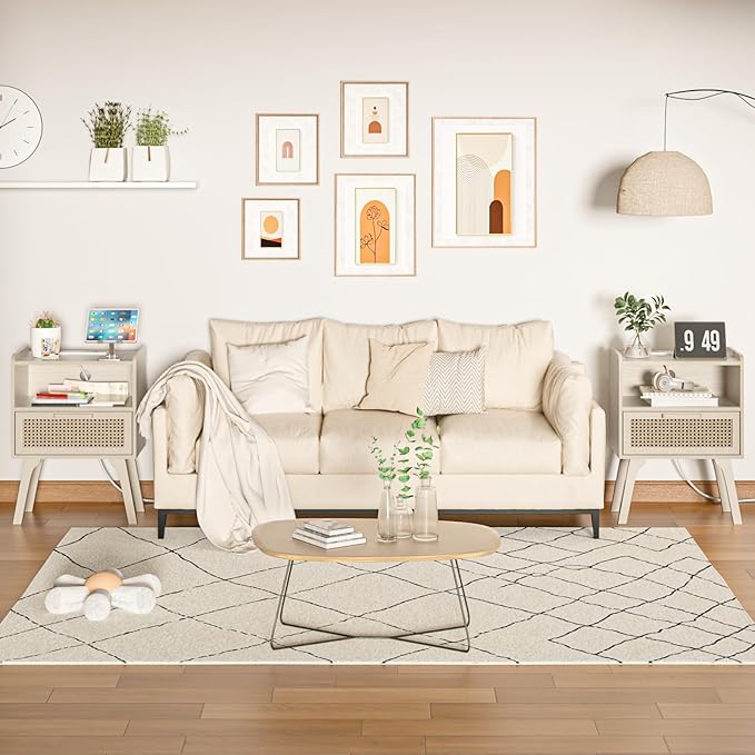 Lerliuo Rattan Nightstand with Charging Station, Side Table with Drawer Open Shelf, Cane Accent Bedside End Table with Solid Wood Legs, Night Stand for Bedroom, Dorm and Small Spaces (Grey White)