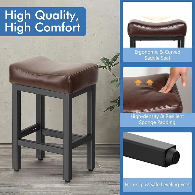Counter Height Bar Stools Set of 2, 24 Inch Barstools for Kitchen Island Counter, Bonded Leather Kitchen Stools with Thick Saddle Seats & Heavy Duty Metal Base, Easy Assembly, Brown/Black