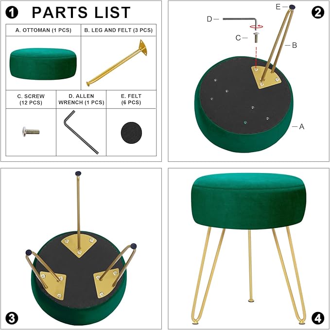 GERANT Multifunctional Vanity Stools - Velvet Round Ottoman Modern Dressing Stool -Upholstered Footrest Stool - Side Table Footstool with Golden Metal Leg for Living Room, Bedroom (Teal)