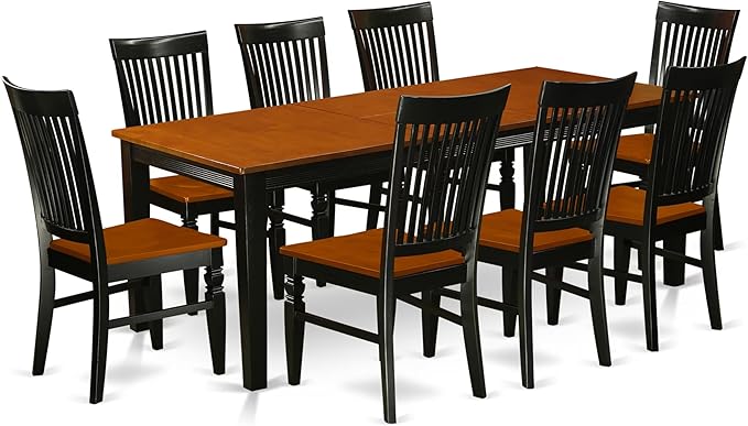 East West Furniture QUWE9-BCH-W 9 Piece Dining Room Table Set Includes a Rectangle Wooden Table with Butterfly Leaf and 8 Kitchen Dining Chairs, 40x78 Inch, Black & Cherry