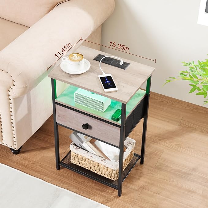 Night Stand Set 2, LED Nightstand with Charging Station, End Tables Living Room with Fabric Drawer for Small Spaces, Side Tables with Storage Shelf for Bedroom, Grey, HETS01PGY