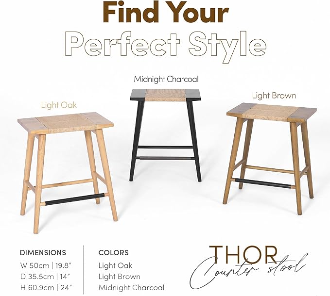 Thor Wicker Counter Height Wooden Counter Stool with Hand-Knitted Rope, K/D, Backless Island 24" Wicker Stool for Kitchen, Solid Wood, Eco-Friendly, Modern Design