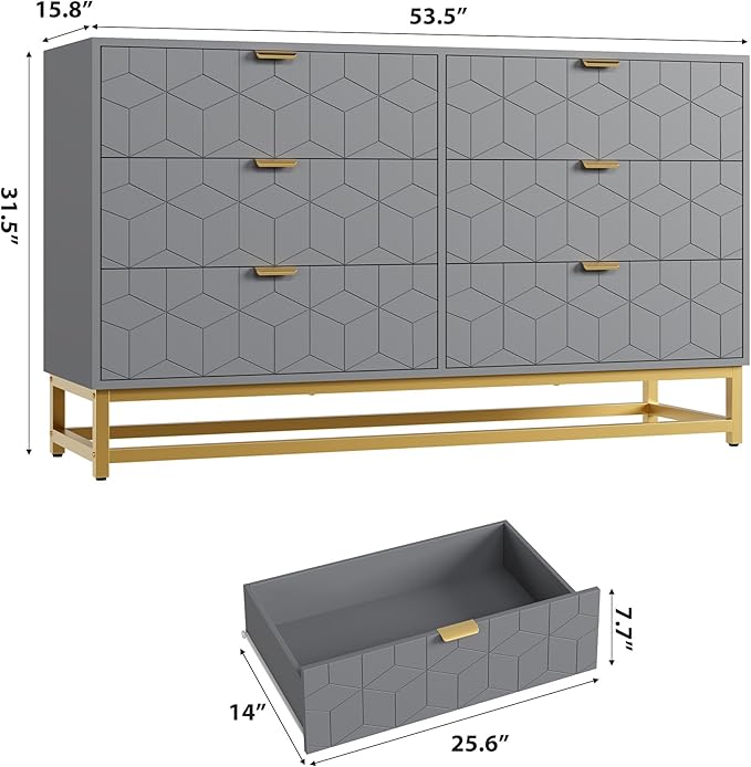 Dresser for Bedroom, 53.5" Large Dresser Organizer, 6 Drawer with Golden Metal Handle and Legs, Modern Chest of Drawers, Grey Dressers with Drawers for Closet, Hallway, Living Room, Entryway