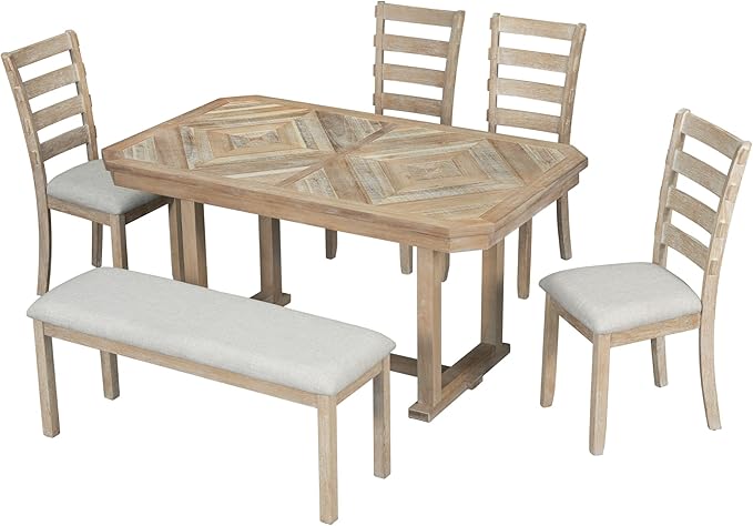 Merax 6-Piece Rubber Wood Dining Table Set with 4 Cushioned Chairs and Bench, Beautiful Wooden Grain Pattern Tabletop, Natural Wood Wash