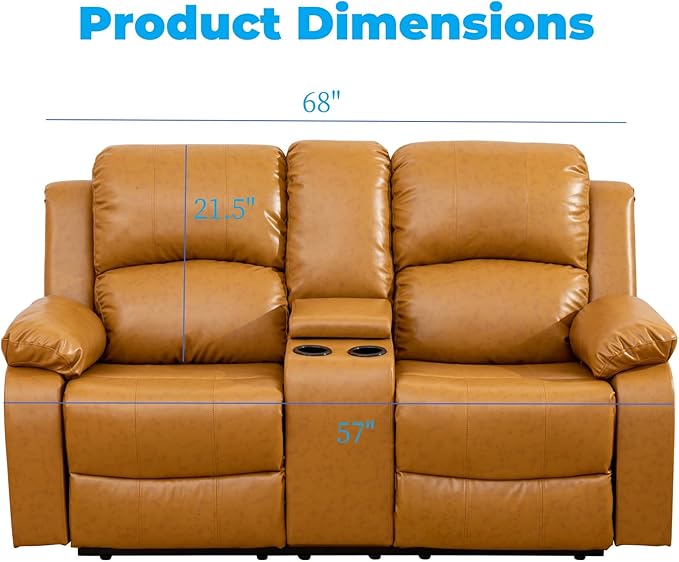 Loveseat Recliner Sofa, Reclining Loveseat Leather Couch with Storage Console, Modern Comfy Home Theater Seating Power Recliner Chair with Cup Holders for Living Room Furniture Sets, Orange
