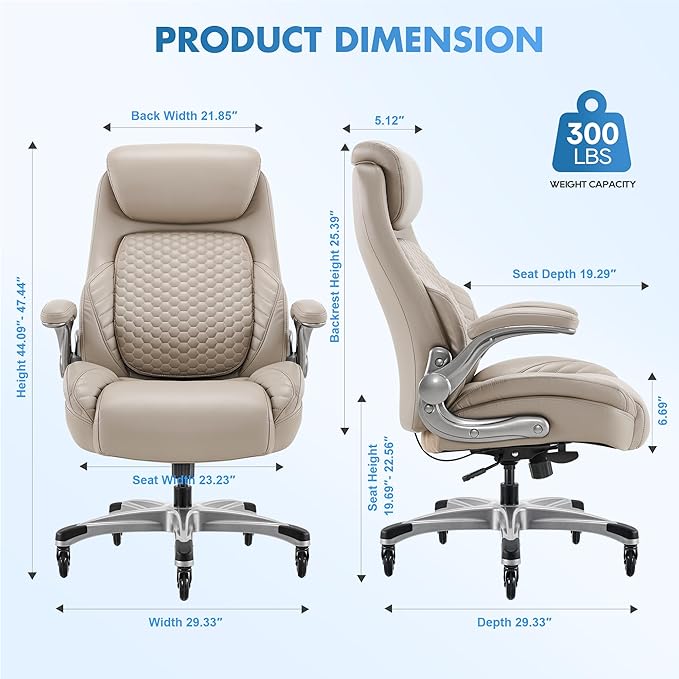 COLAMY Office Ergonomic Desk High Back Executive Chair with Pop-Out Lumbar Support, Upgraded Casters, Adjustable Headrest, Flip-Up Arms, Leather Home with Thick Cushion for Comfort - Khaki