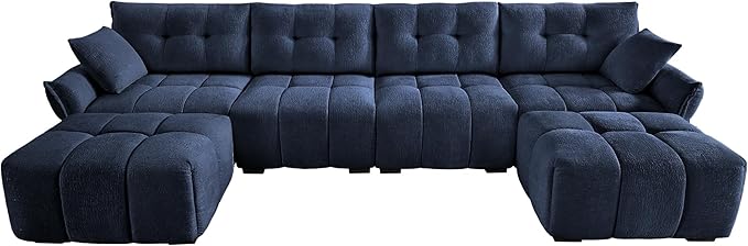 Modern Chenille Fabric 4-Seat Sofa w/Two Ottoman+2 Pillows, Premium Upholstery Living Room Couch with Tufted Backrest & Comfortable Armrests and High-Resilience Memory Foam Cushions,Blue