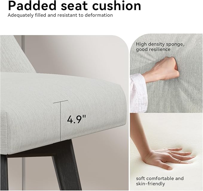 Counter Height Swivel Bar Stools Set of 2, 26 Inch Bar Stools with Footrest, Linen Fabric Upholstered Barstools with Back and Solid Wood Legs for Kitchen Island, Dining Room,Pub,White