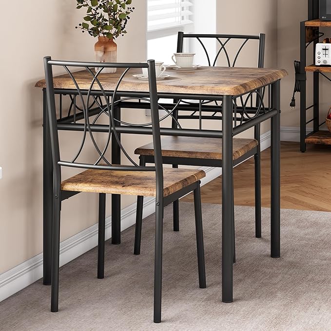 GarveeHome Small Dining Table Set for 2, Square Table and Chairs Set of 2, 3 Piece Kitchen Table Set of 2 with Upholstered Chairs, Dinner Table Set for 2 for Small Spaces, Apartment, Rustic Brown