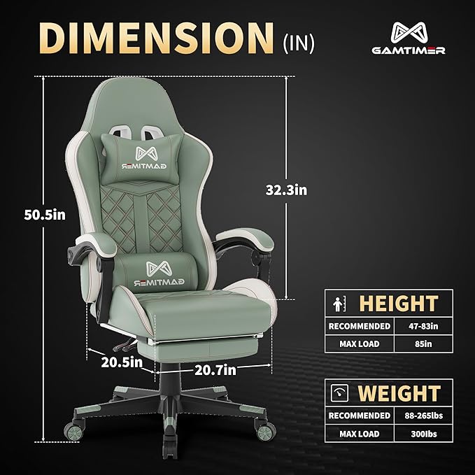 Gaming Chair, 400 lbs Adult Chair, High Back Computer Chair with Footrest and Linked Armrests, Office Video Game Chair with Lumbar Support (Green)