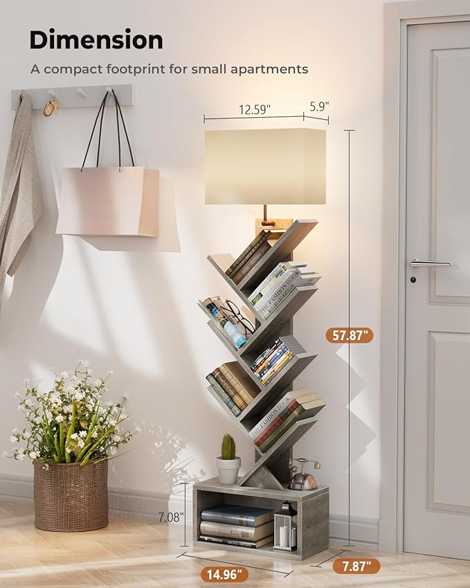 6 Tier Tree Bookshelf with Light, Narrow Bookcase Tower, Tall Floor Standing Book Shelf Organizer with Storage Cabinet for Living Room, Bedroom and Home Office, Gray