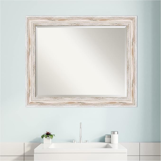 Amanti Art White Bathroom Mirror for Over Sink, 27x33 Alexandria White Wash Rectangle Vanity Mirror, Large Coastal Wood Frame, Hangs Horizonally and Vertically, Bathroom Wall Decor, Beveled Edge