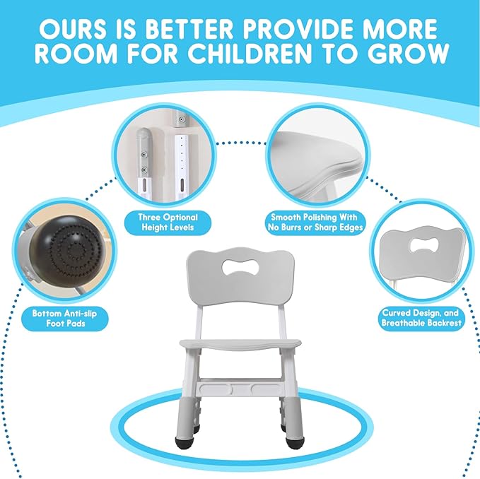 Kids Height Adjustable Toddler Chair Max Load 220LBS Plastic Indoor Outdoor for Children Age 1-6 School Home Daycare Use Grey